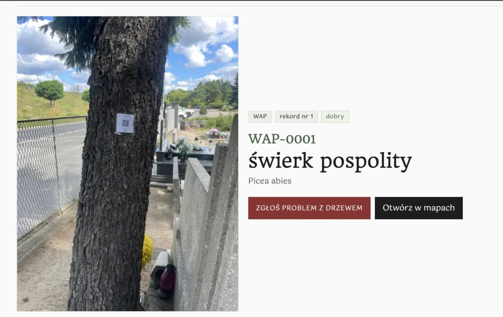 Przykładowa karta drzewa WAP-0001 z przyciskiem zgłoszenia problemu